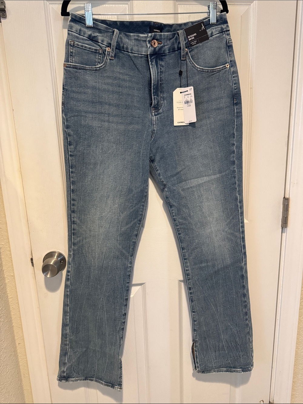 Express Straight Leg Jeans in Light Blue Wash Mid Rise Ultra Hyper Strech